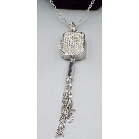 Chico's Silvertone Miracles Locket Crystal Jeweled Long 32" Rolo Chain Necklace - Picture 11 of 13